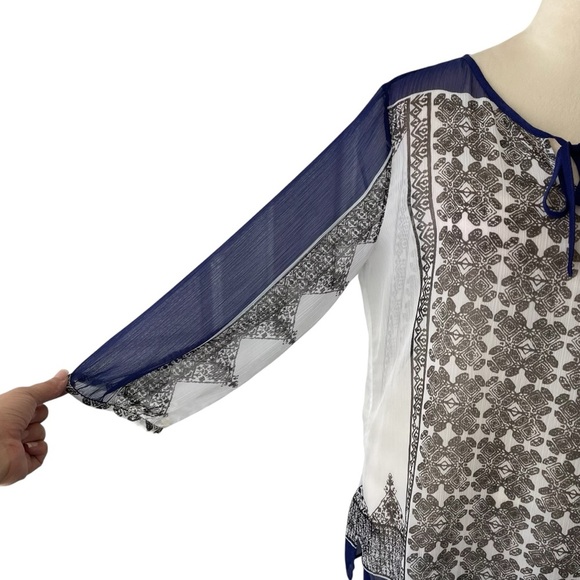 Chico’s Semi Sheer Boho Peasant Floral Blouse Navy White Print Women’s Size M - Picture 6 of 7